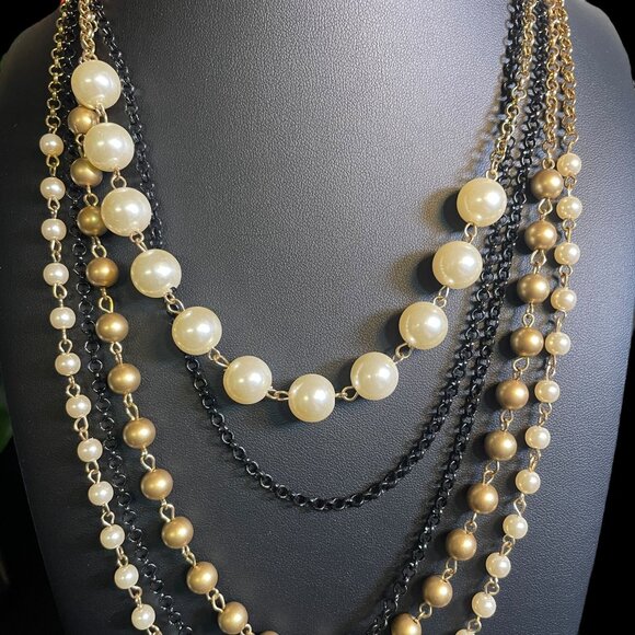 New York & Company Multi-Layer Faux Pearl & Chain Necklace Gold, Black, & Ivory - Picture 4 of 6